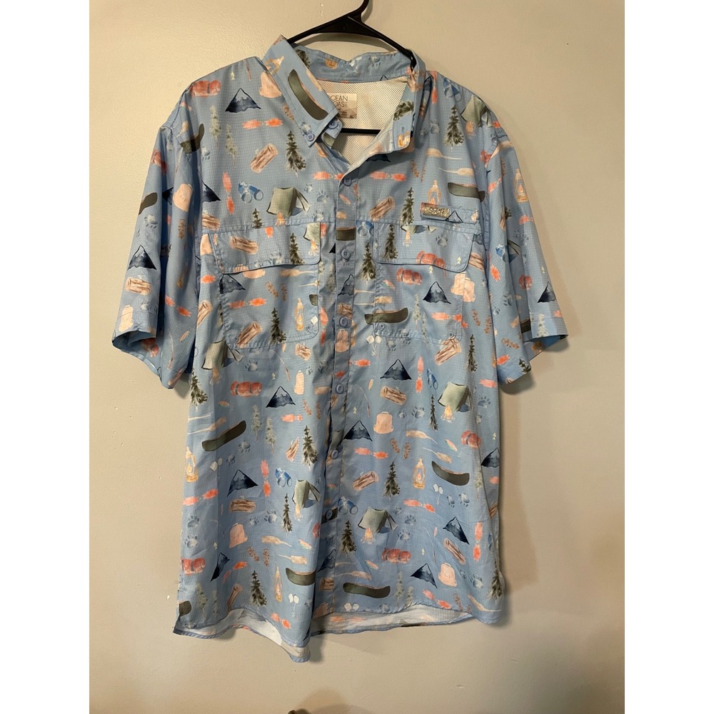 Ocean Coast Mens Large Blue Camping Print Fishing Shirt Short Sleeve Ventilated